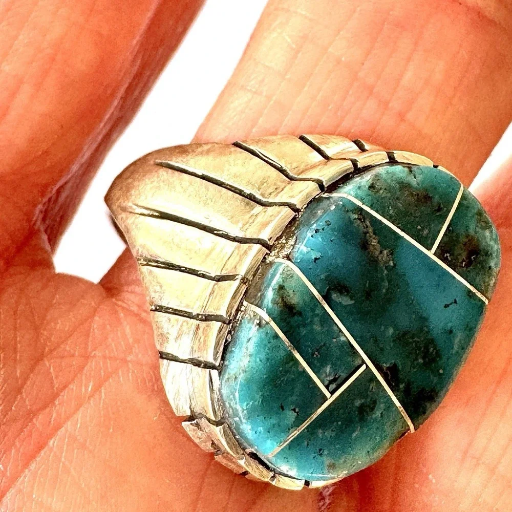 Turquoise Inlay Mens Ring Sz‎ 12 Oval Navajo Signed T Jack Sterling Mosaic 20mm